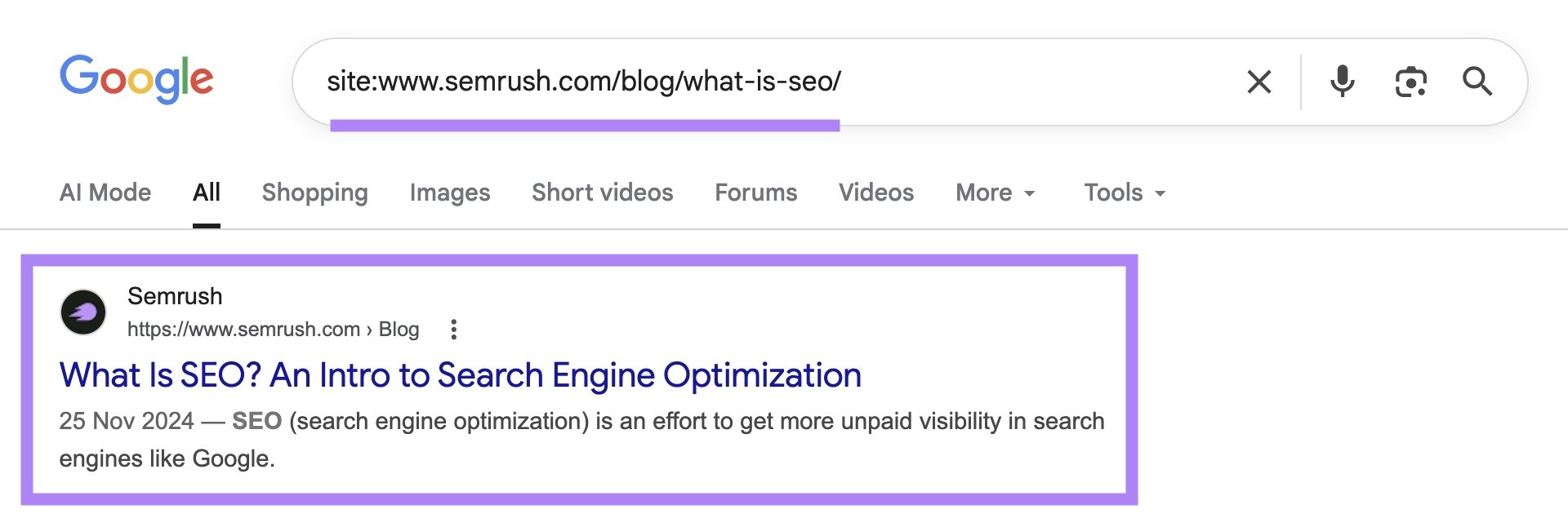 SERP for “site:sr03.amztoolservice.com/blog/what-is-seo/” with the top result highlighted.
