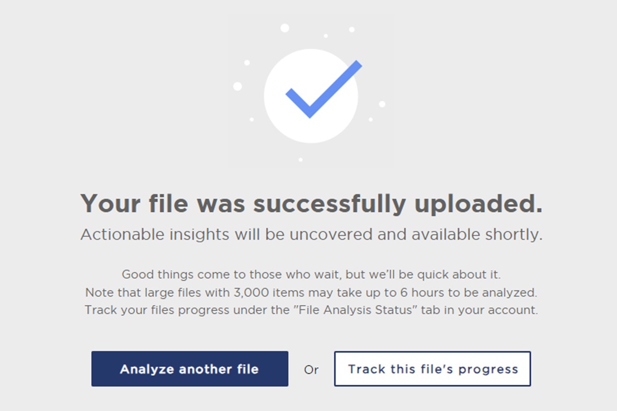 Confirmation of an uploaded file in the &lsquo;Multi Product Analysis&rsquo; feature of Product Research Pulse.