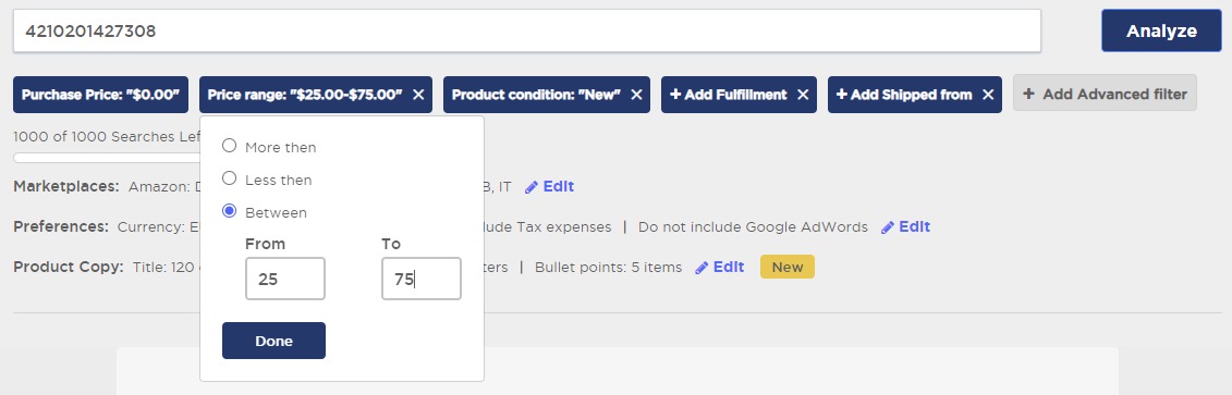 Choosing filters in the &lsquo;Single Product Analysis&rsquo; feature of Product Research Pulse.