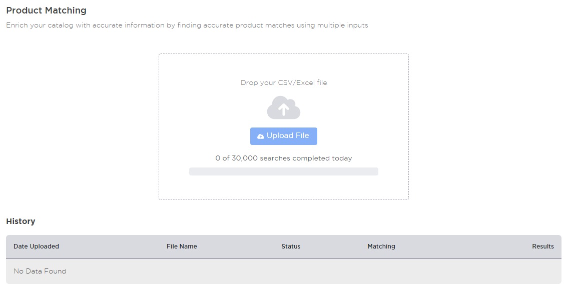 Where to upload a CSV file in the &lsquo;Product Matching&rsquo; tool in Product Research Pulse.